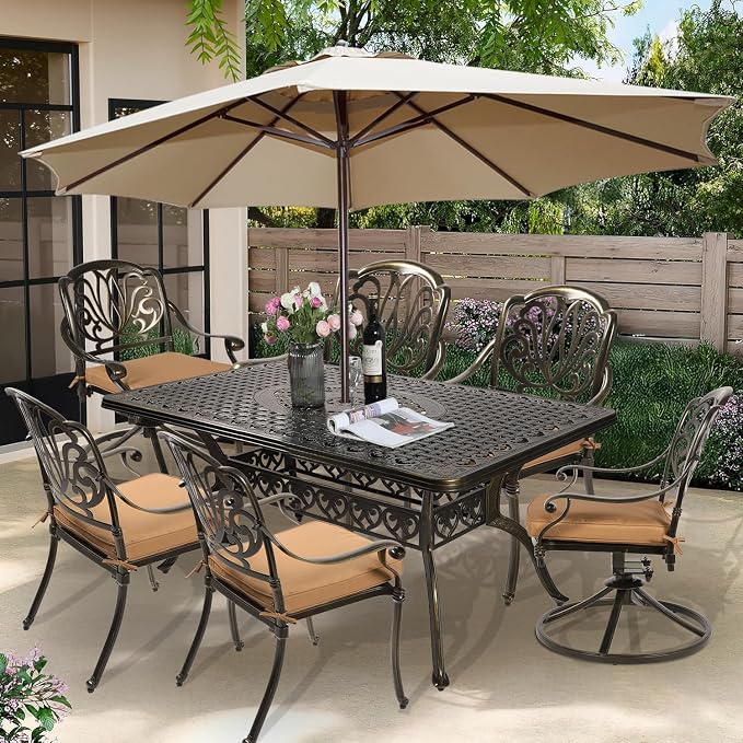 7-Piece Outdoor Patio Dining Set, 60” Rectangular Cast Aluminum Dining Table with Umbrella Hole and 4 Stationary, 2 Swivel Rocker Chairs, 6 Cushioned, Backyard, Patio, Garden