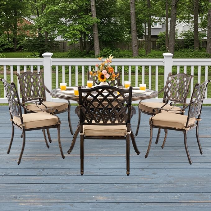 7-Pcs Cast Aluminum Patio Dining Set for 6, 54" Round Table,Bronze | Outdoor Furniture Set Include Dining Table and 6 Stackable Chairs with Cushions & Umbrella Hole