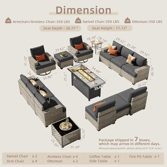 CAODOC 15-Piece Outdoor Sectional Sofa Set w/ 54" Fire Pit – L-Shaped Wicker Patio Furniture, Deep Seating & Swivel Rockers, Black