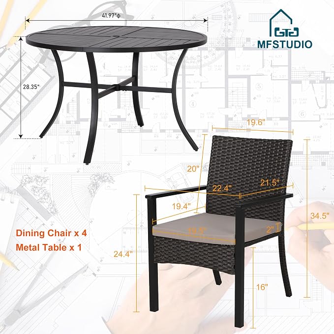 MFSTUDIO Patio Table and Chairs for 4, 5 Piece Outdoor Dining Set, Patio Round Table & Wicker Chairs, All Weather Outdoor Rattan Dining Furniture for Deck, Backyard