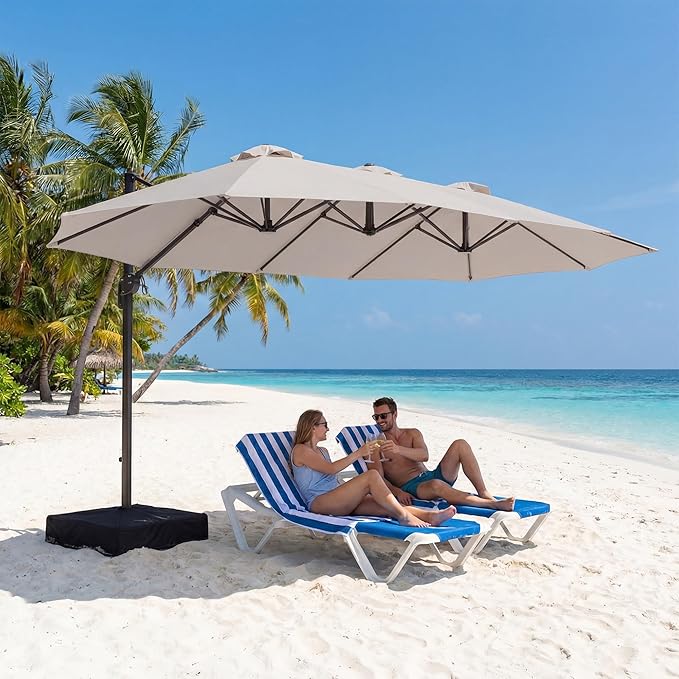 COSIEST 8 * 13FT Cantilever Patio Umbrella with Base,Large Rectangle Offset Umbrella,Heavy Duty Double-Sided Table Market Umbrella for Garden, Pool, Deck Shade, Beige