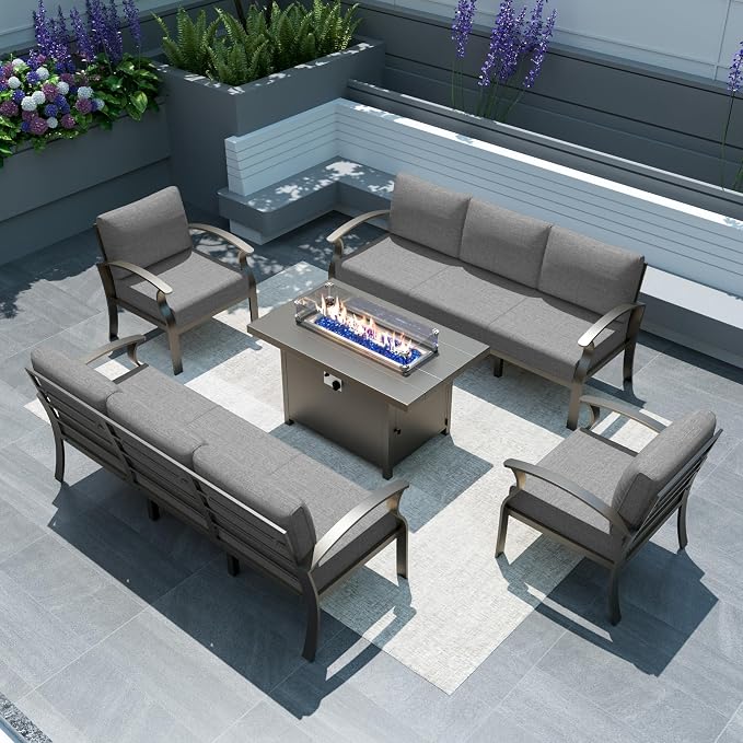 Gotland 8 Seats Outdoor Metal Patio Furniture Set with 55,000 BTU Gas Fire Pit Table w/Glass Wind Guard Patio Conversation Sectional Sofa Sets-Grey