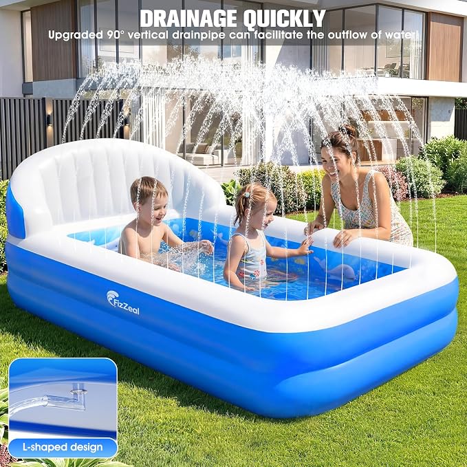 FizZeal Kiddies Pool,Inflatable Pool with Sprinkler,Inflatable Pools with Big Backrest for Toddlers,Rectangle Kids Pool Backyard,Kids Swimming Pool,Small Inflatable Pool, Outdoor Water Pool for Kids