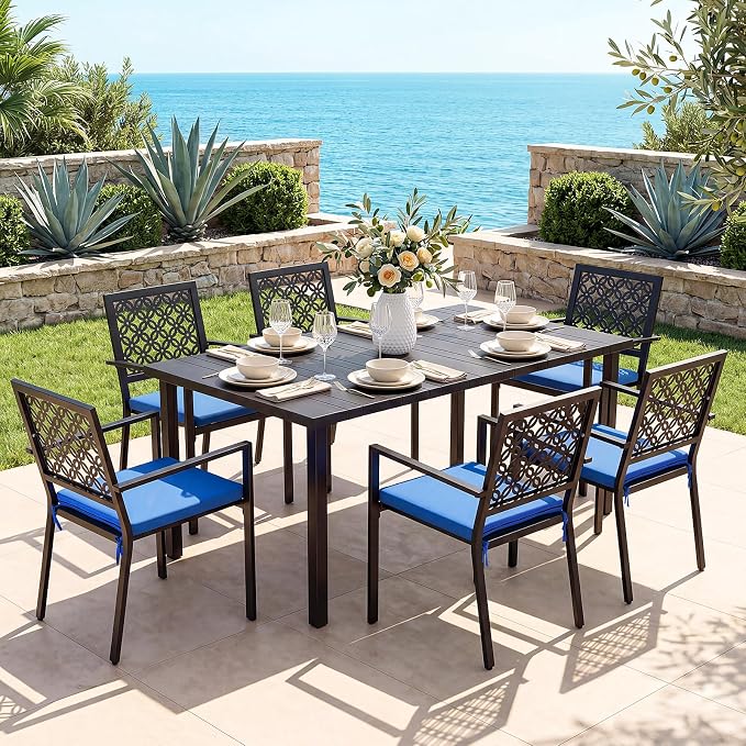 LuxaDomus 7 Piece Outdoor Dining Set, Wood Grain Outdoor Patio Table and Chairs Set, Metal Dining Set with with 6 Spacious Dining Chairs, All Weather Patio Furniture Set for Deck Garden Poolside
