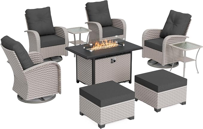 9-Piece Patio Furniture Set, Outdoor Swivel Rocking Chairs Set with 55,000 BTU Fire Pit Table,All Weather Conversation Set for Porch Poolside Balcony