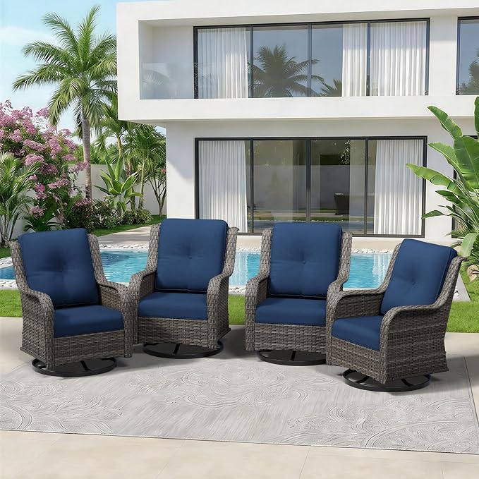 4 Piece Outdoor Swivel Rocker Patio Chairs Set, Patio Chairs Set of 4 with Thickened Olefin Cushions, High Back and Deep Seating, Hand-Woven PE Rattan for Porch, Deck, Blue