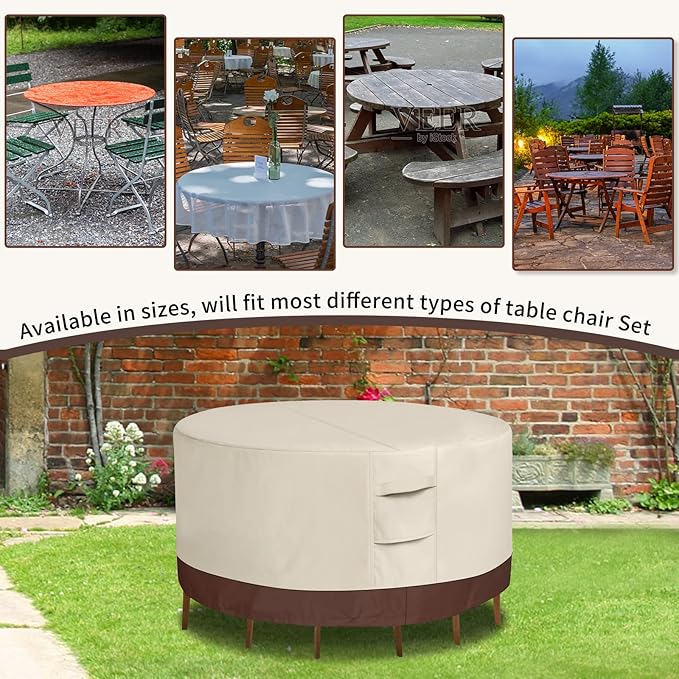 Round Waterproof Outdoor Covers Patio Furniture Covers 600D Heavy Duty Oxford UV Resistant Anti-Fading Patio Table Cover 110"DIA X 28"H (Beige & Brown)