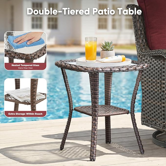 Belord Patio Wicker Chairs Swivel Rocker,Outdoor Patio Furniture Set with Rattan Side Table, All Weather Conversation Set for Porch Poolside Balcony, Brown Wicker/Red
