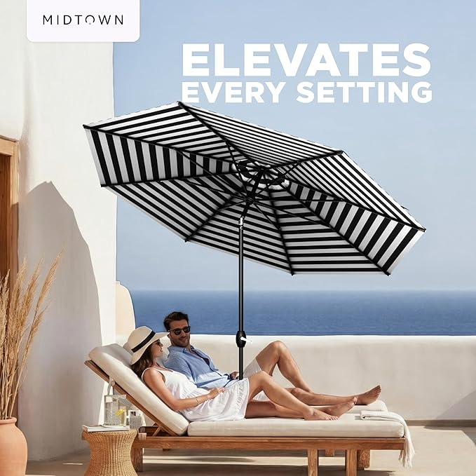 Midtown Umbrellas – The Lean 8 Ft Patio Umbrella with 10-Year-No-Fade Acrylast Acrylic Fabric, Auto-Tilt and 8 Reinforced Ribs for Deck, Pool, Garden, Hotel & Cafes – Urban Stripes Canopy, Black Pole