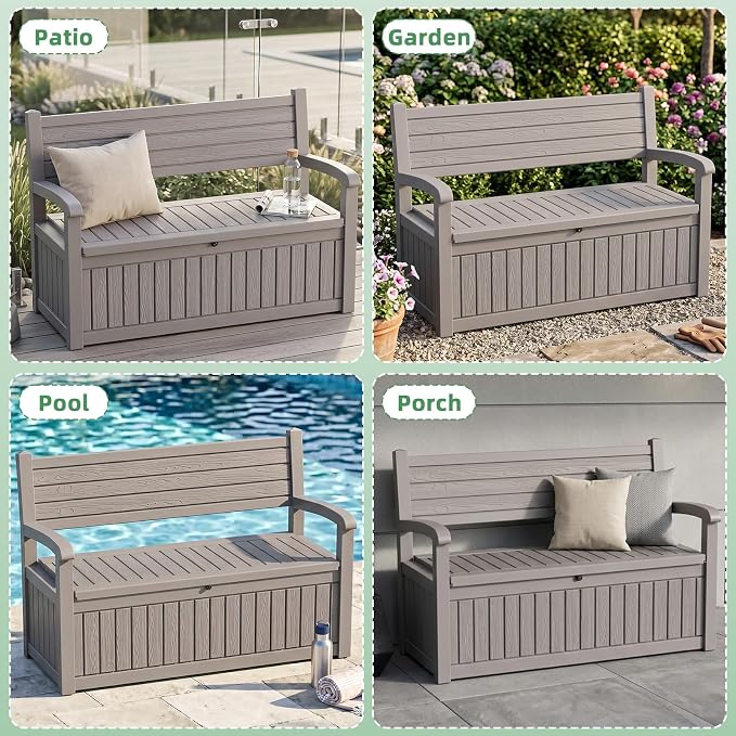 80 Gallon Outdoor Storage Bench Deck Box Waterproof Resin Lockable UV Resistant Benches Furniture Outside Porch Patio Pool Garden Tool Cushion Beige
