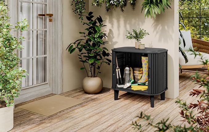 Keter Velo 30 Gallon Outdoor Storage Cabinet (2 Pack), Weather‑Resistant Resin Deck Boxes with Steel Reinforcement, Lockable, Wood‑Look Graphite