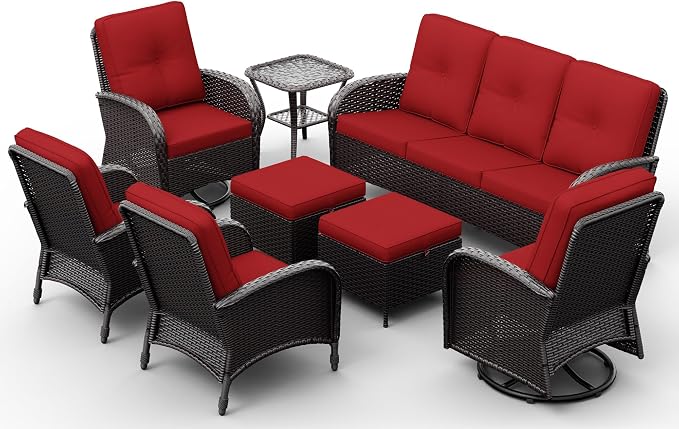 Joyside Wicker Patio Furniture Set, 8 Piece Outdoor Furniture Set with Thickened Cushions, High Back, Deep Seating, Wide Armrest, Outdoor Swivel Rocker Chairs for Porch, Deck