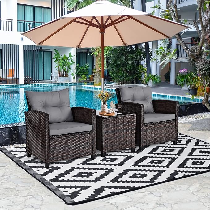 3-Pieces Patio Furniture Set, PE Wicker Chairs Sofa Set with Removable Cushions & Glass Top Side Table, Outdoor Wicker Rattan Conversation Chair for Porch,Backyard, Balcony (Grey)