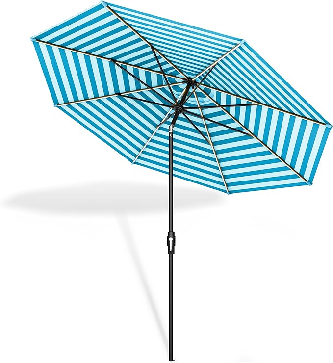 Midtown Umbrellas The LED Swilt 10 Feet Patio Umbrella With Terylast Cobalt Stripes (Blue/White) Polyester Fabric - Auto-Tilt Aluminum Frame w/LED Lights For Backyard, Deck, Garden, Pool - Black Pole