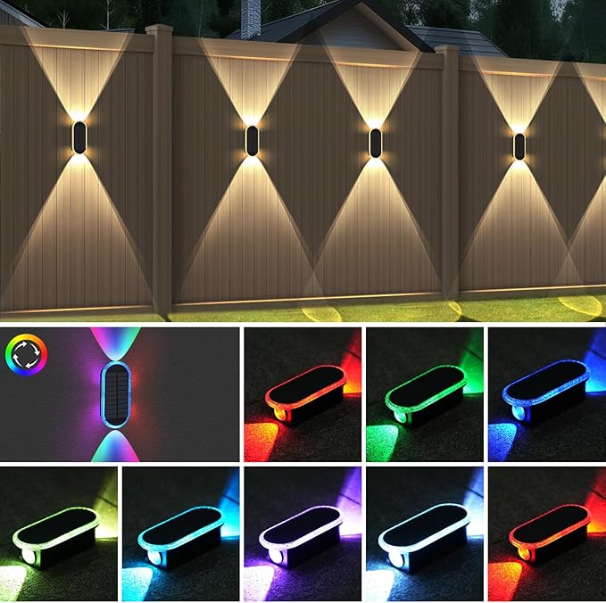 Herzila 10 Pack Solar Fence Lights,RGBW Solar Powered Fence Wall Lights, IP65 Waterproof 8-Color Changing Up Down Lighting Wall Lights for Outdoor/Patio/Porch/Pool Cage