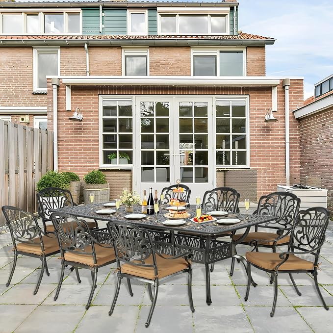 9-Piece Patio Cast Aluminum Dining Set, Outdoor Dining Furniture Set for 8 Person, Includes 94.5" Rectangular Dining Table and 8 Cushioned Chairs with Umbrella Hole for Deck Garden, Tan