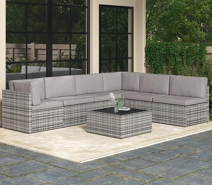 AECOJOY 7 Piece Outdoor Patio Furniture Set, Outdoor Sectional Conversation Furniture Chair with Coffee Table,Patio Sectional for Garden,Backyard(Grey Cushions and Grey PE Rattan, with Cover)