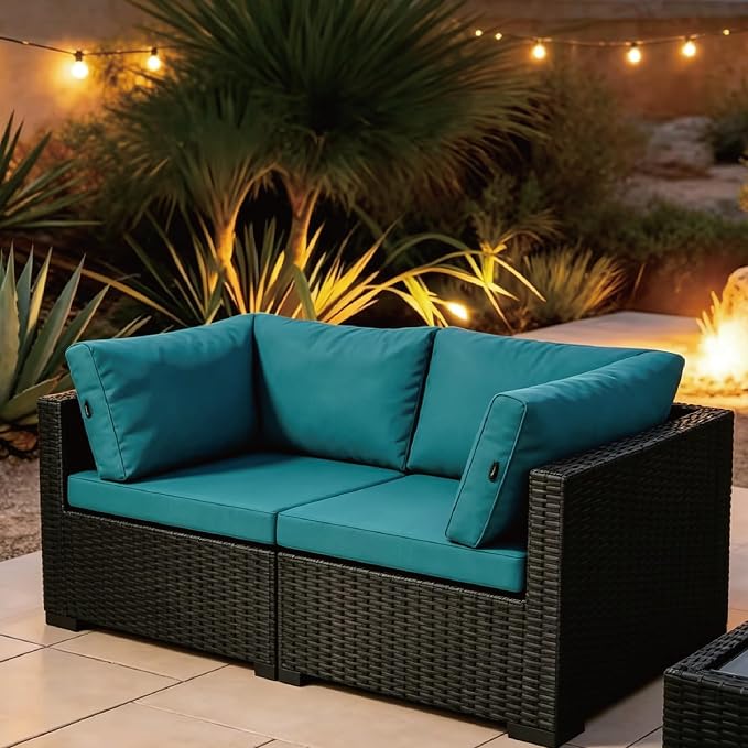 Outdoor Turquoise Sectional Corner Sofa Set 2 Piece, Furniture Patio Conversation Set, PE Rattan Patio Set with Soft Cushion,for Porch, Lawn, Garden, Balcony