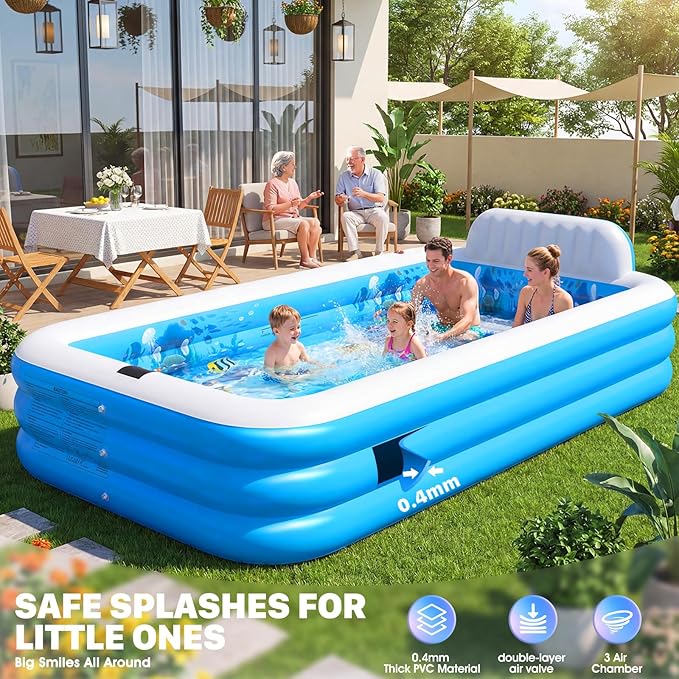 Extra Large Inflatable Pool with Lights,Upgraded Solar Powered Blow Up Pool for Adults,Inflatable Kids Swimming Pool with Seat& Backrest,Big Inflatable Kids Pool for Backyard,119x72x19IN