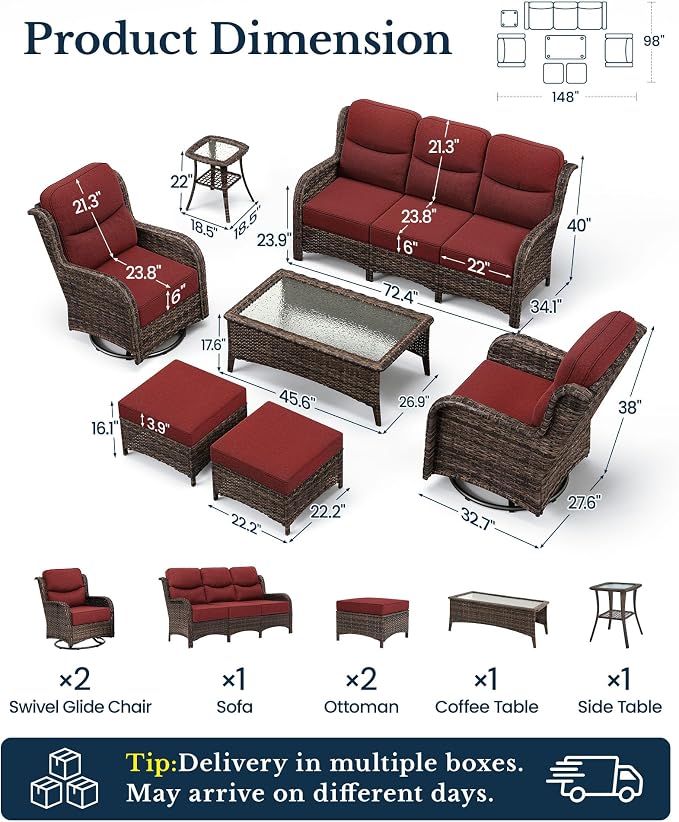 HILLGA Luxury Outdoor Patio Furniture Set with 6-Inch Thick Cushions,High Back Wicker Swivel Rocker Chairs, 7 Pcs All Weather Conversation Set for Large Deck, Yard and Poolside, Burgundy (V3)