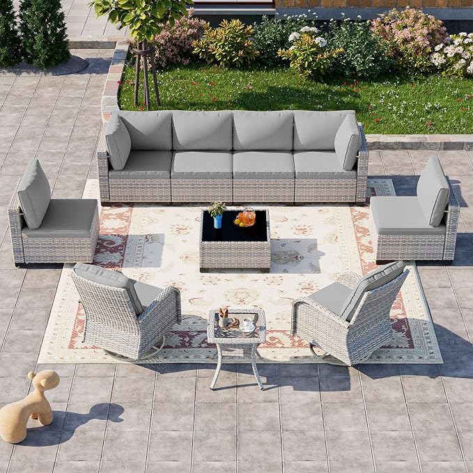 10-Piece Patio Furniture Set, Outdoor Patio Furniture with Swivel Chairs Set, Thick Cushions, Modular Patio Sofa, Dual-Strand Wicker Rattan, Rust-Resistant Frame, Grey