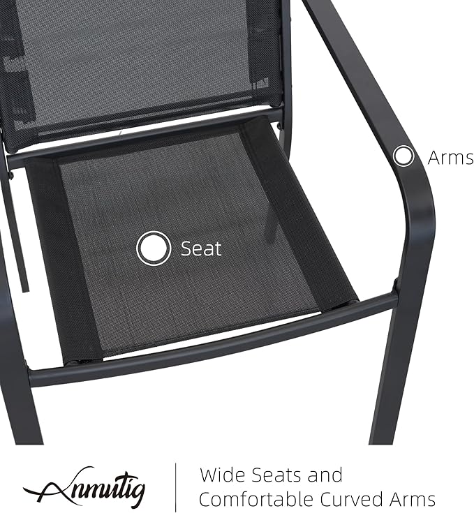 Anmutig 7 Piece Patio Dining Set, 60"X38" Rectangular Outdoor Table with 6 Mesh Stackable Black Chairs, All Weather