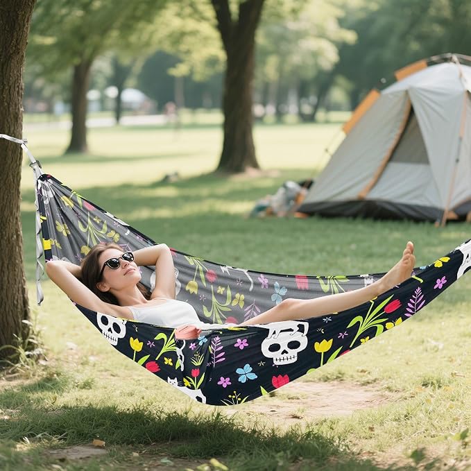 Camping Hammock Outdoor Hammocks for Outside Skull Cat Tulip Flower Beach Trees Portable Lightweight with Pockets Tree Straps Indoor