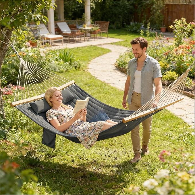 11FT Hammock Without Stand for Outside, Large Patio Hammock with Removable Headrest & Side Pocket, Two Person Hammock with Spreader Bars for Garden, Balconies, 440LBS Capacity (Grey)