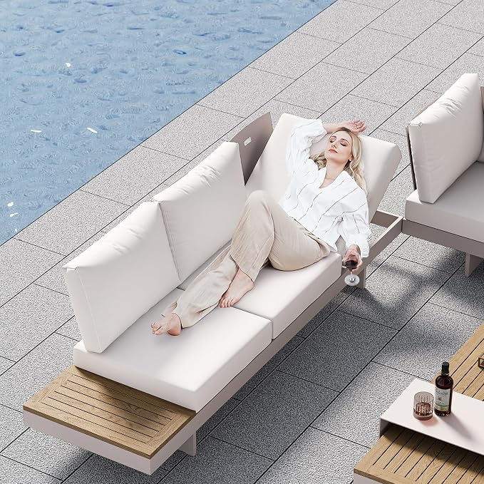 homary 4-Piece Modular Outdoor Sofa Set, Aluminum & Teak Patio Conversation Set with 600D Waterproof Covers, Adjustable Backrests, Fade-Resistant Cushions for Patio, Balcony, Deck