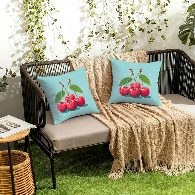 20x20 Inch Outdoor Pillow Covers Set of 2 Waterproof Throw Pillow Covers Decorative Couch Cushion Covers Cherry Cute Square Pillowcases Protectors for Patio Garden Sofa