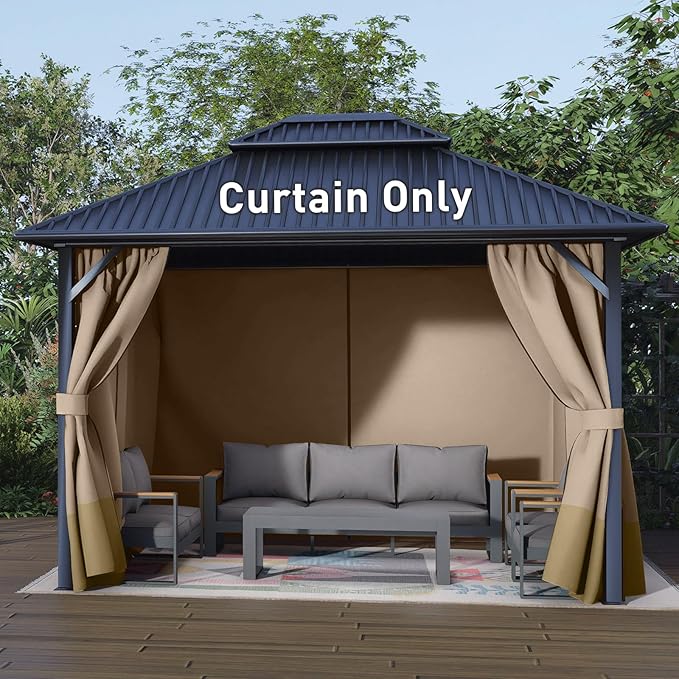 Aoodor 10x12 ft Outdoor Gazebo Curtains, 4 Panels Waterproof Privacy Sidewall Replacement with Zipper for Patio Pergola and Canopy, Sand Yellow and Khaki