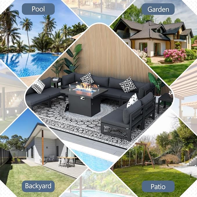 RADIATA 11 Pcs Modern Aluminum Outdoor Patio Furniture Set with Firepit Table & Side Table, Extra Large All-Weather Modular Sectional Couch, 29" Wide Deep Seating Conversation Sofa for Deck, Dark Grey