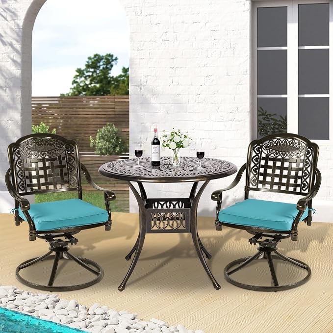 3-Piece Outdoor Patio Dining Set, All-Weather Cast Aluminum Patio Furniture Set for Backyard Garden Deck with 2 Swivel Cushioned Chairs and 35.4” Round Table, 2" Umbrella Hole, Ocean Blue