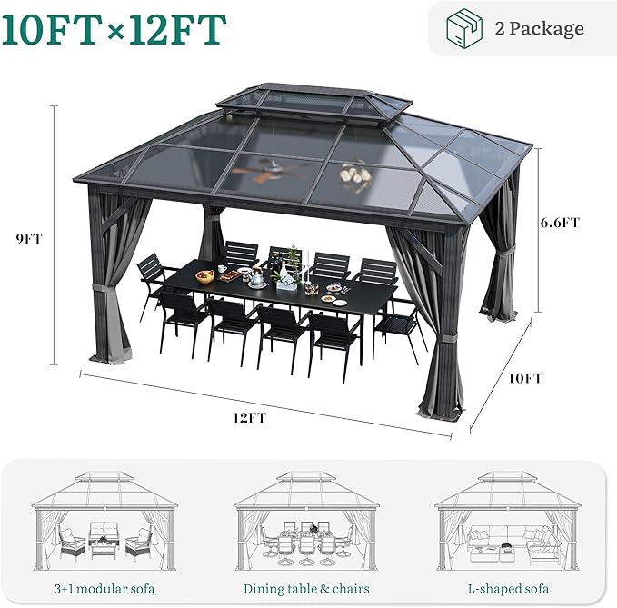 YITAHOME 10X12FT Polycarbonate Gazebo Outdoor Patio Double Top Canopy Galvanized Iron Aluminum Column Garden Tent Curtains Netting for Backyards Decks Lawns,Gray