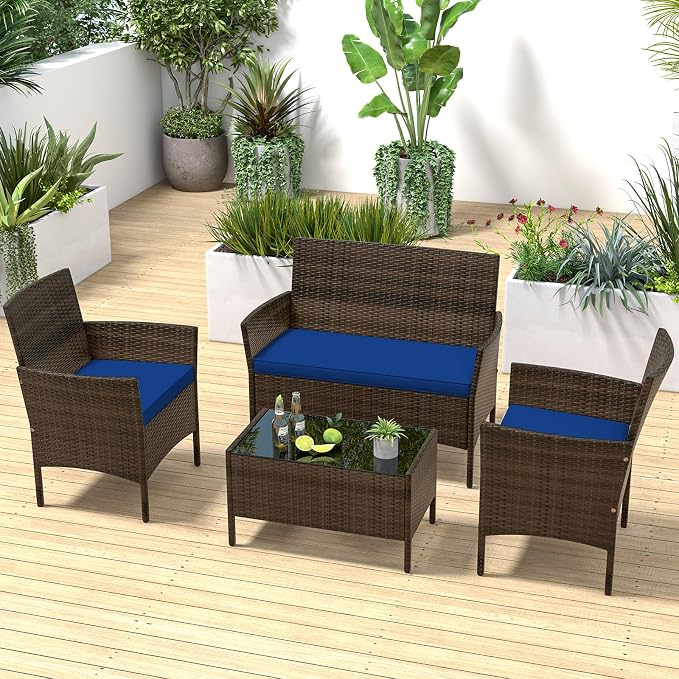 4 Piece Patio Furniture Set, Sectional Conversation Sofa Set with Glass Coffee Table, Cushions & Loveseat, Wicker Outdoor Table and Chairs for Pool, Garden, Deck, Backyard (1, Navy)