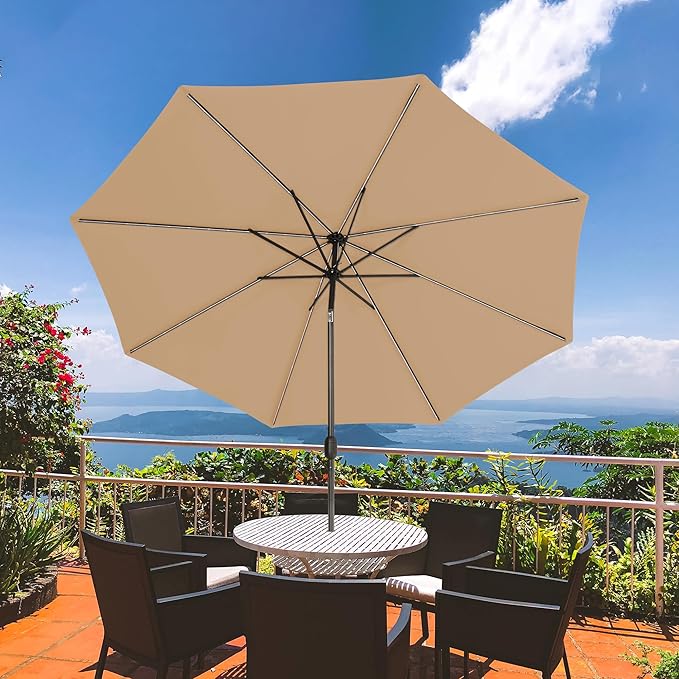 Sundale Outdoor OLEFIN LED Solar Patio Umbrella with Sand Bag Umbrella Base, Outdoor Umbrella with Tilt and Crank