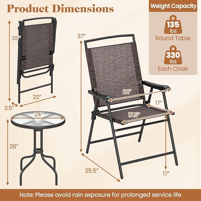 DORTALA Outdoor Bistro Set 3 Piece, Small Patio Furniture Set with Round Table & Folding Dining Chairs, Umbrella Hole, Conversation Set for Balcony, Porch, Backyard, Deck