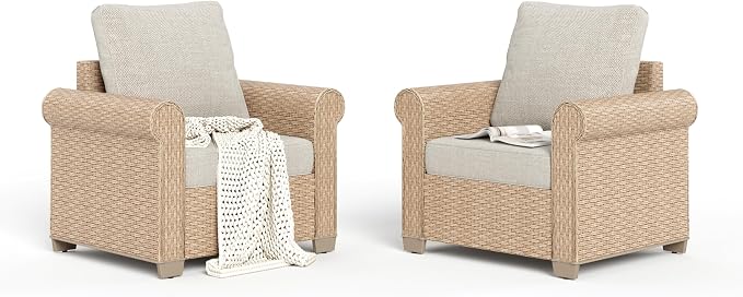 SUNSHINE VALLEY Patio Furniture Set 2 pcs, Rattan Outdoor Chairs with 5.5” Thick Waterproof Cushions, All Weather Wicker Conversation Set for Garden Backyard Deck, Beige