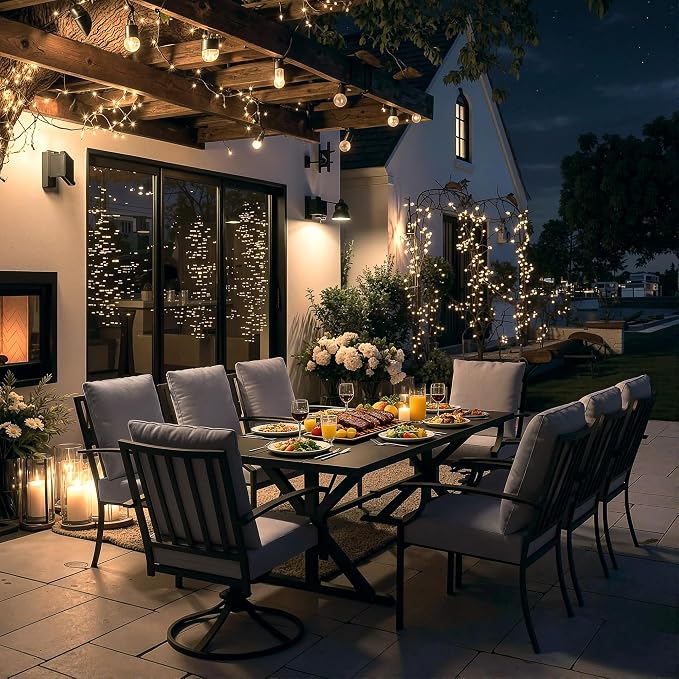 ALAULM 9-Piece Patio Dining Set,Outdoor Metal Dining Set with 2 Swivel Chairs & Rectangle Table with 1.5 Umbrella Hole, Patio Dining Table and Chairs for Backyard,Grey