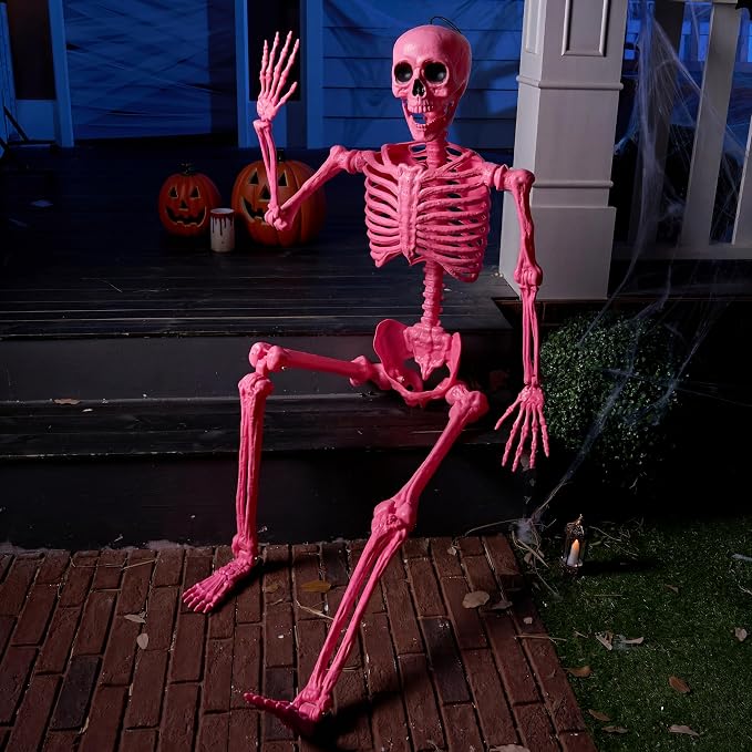 JOYIN 5.6 FT Halloween Posable Skeleton Life Size, Giant Outdoor Yard Skeletons, Pink Plastic Skeleton with Movable Joints for Haunted House Props, Halloween Decorations, Spooky Scary Skeletons Party