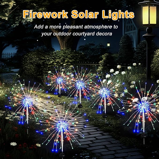 Solar Garden Firework Lights Outdoor Waterproof, 8 Pack Solar Lighting with 8 Lighting Modes , 120 LED Sparklers String Lights for Outside Decor Yard Pathway Halloween Decorations(Colorful)