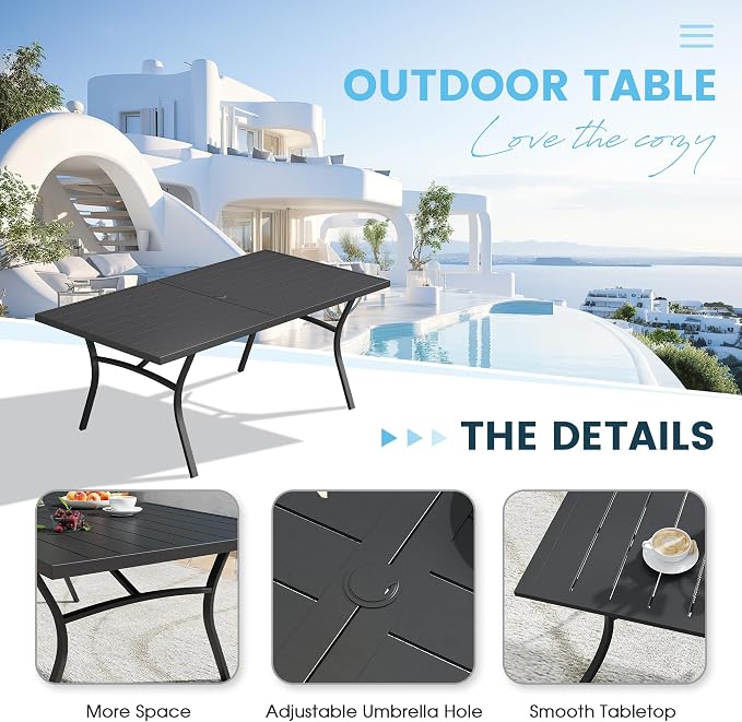 9 Pieces Patio Dining Set, 71" Rectangular Dining Table with Umbrella Hole, 8 Stackable Textilene Fabric Chairs, Metal Structure for Patio, Porch, Garden(Grey Table, Black Chair)