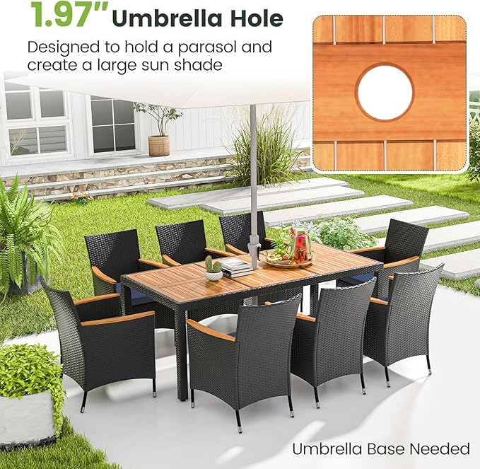 Tangkula 11 Pieces Patio Dining Set with Double-Sided Led Patio Umbrella (Base Included), with 8 Stackable Chairs, Acacia Wood Dining Table and Large Umbrella with Solar Lights (Turquoise + Navy)