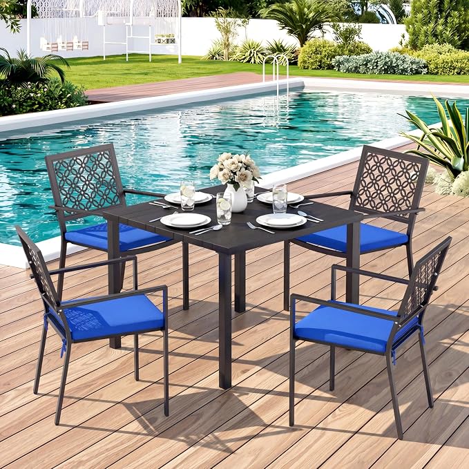 LuxaDomus 5 Piece Outdoor Dining Set, Wood Grain Square Outdoor Patio Table and Chairs Set, Metal Dining Set with with 4 Spacious Dining Chair, All Weather Patio furniture Set for Deck Garden Poolside