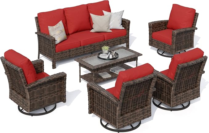 HERA'S HOUSE Red Patio Furniture Set, 35" High Back Swivel Chair with 5.5" Thick Cushions, Oversized Outdoor Wicker Conversation Set for Deck Garden Poolside Backyard Lawn