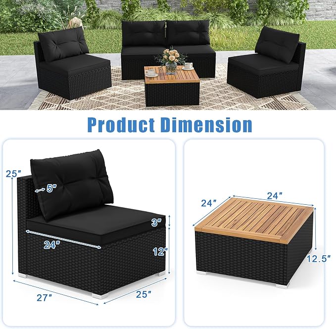 HAPPYGRILL 5 Pieces Patio Rattan Sofa Set, Outdoor Furniture Set with Seat & Back Cushions, Square Coffee Table with Acacia Wood Tabletop, Wicker Patio Conversation Set, Black