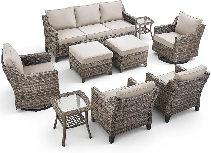 9 Piece Patio Furniture Set-All Weather Outdoor Conversation Sets Sectional Sofa with Wicker Swivel Rocker Patio Chairs, Comfy Cushions Ottomans for Porch Balcony Patio Grey/Beige