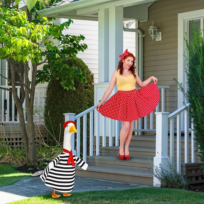 French Look Porch Goose Outfit Set for Cement Lawn Artist Hat Beret Red Scarf Black White Striped for Outdoor