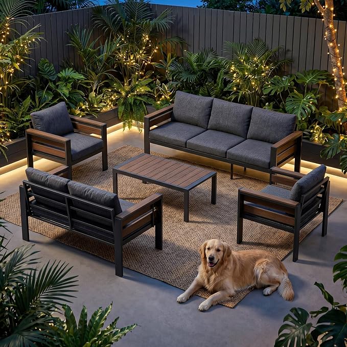 SUNYRISY Aluminum Outdoor Patio Furniture Set with Coffee Table, 5 Piece Metal Outdoor Modern Conversation Sets with Washable Cushions, Sectional Sofa Couch for Porch, Lawn, Deck, Backyard