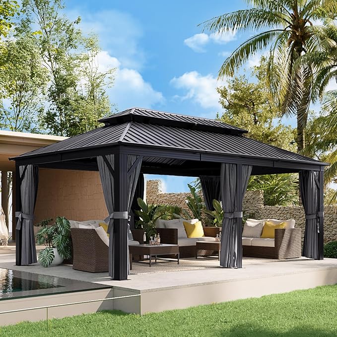 Aoxun 12' X 20' Hardtop Gazebo, Galvanized Steel Double Top, Metal Gazebo with Curtains and Netting, Permanent Canopy Pavilion for Wedding, Party, Outdoor Dining